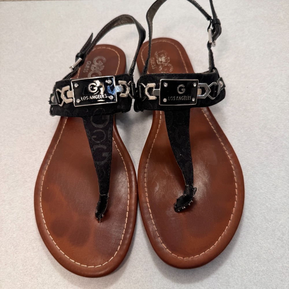 GBG Los Angeles Guess JRIVEN Faux Leather T-Strap Thong Flop Sandal Black 7.5M